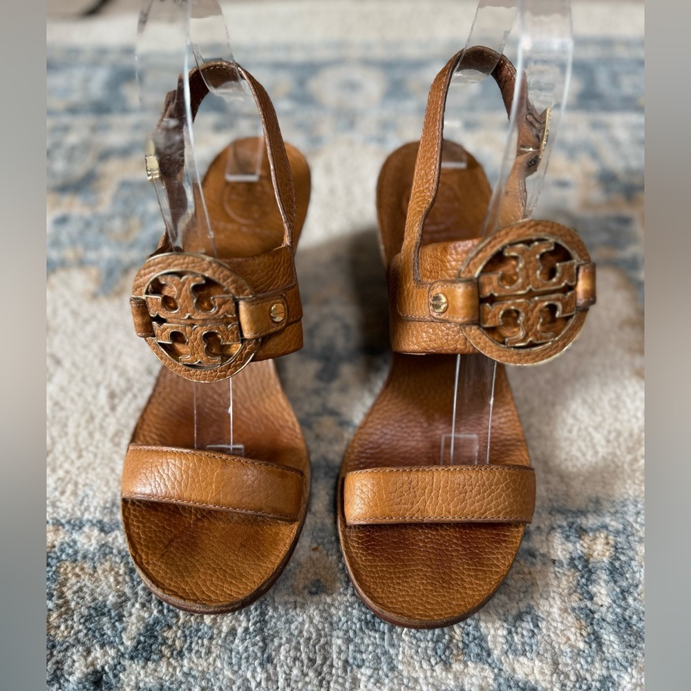 Tory Burch Tan/Brown Leather Wedge Sandals Size 6.5